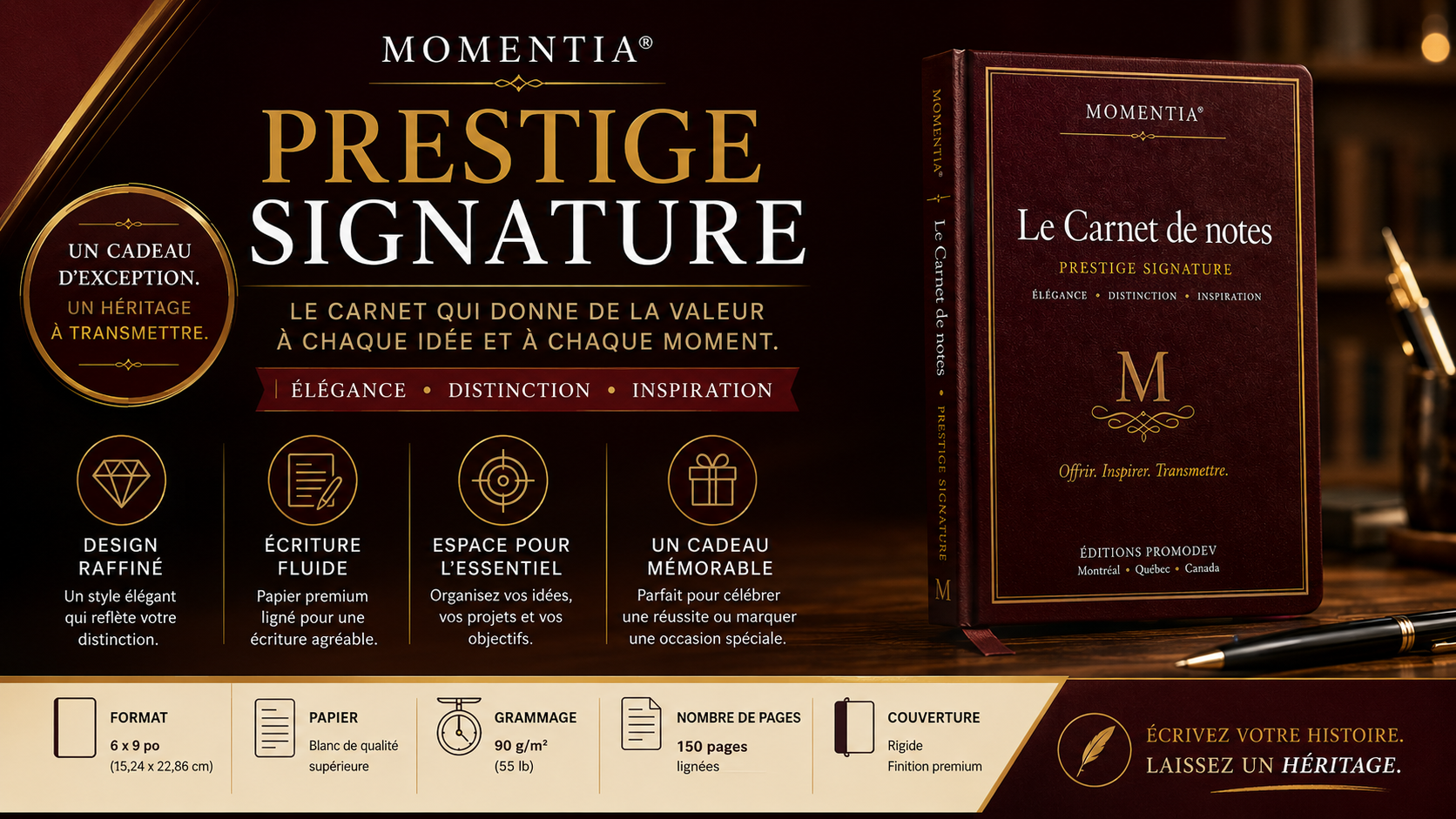 Carnet de notes Prestige Signature Momentia avec spécifications : 6 x 9 po, 150 pages lignées