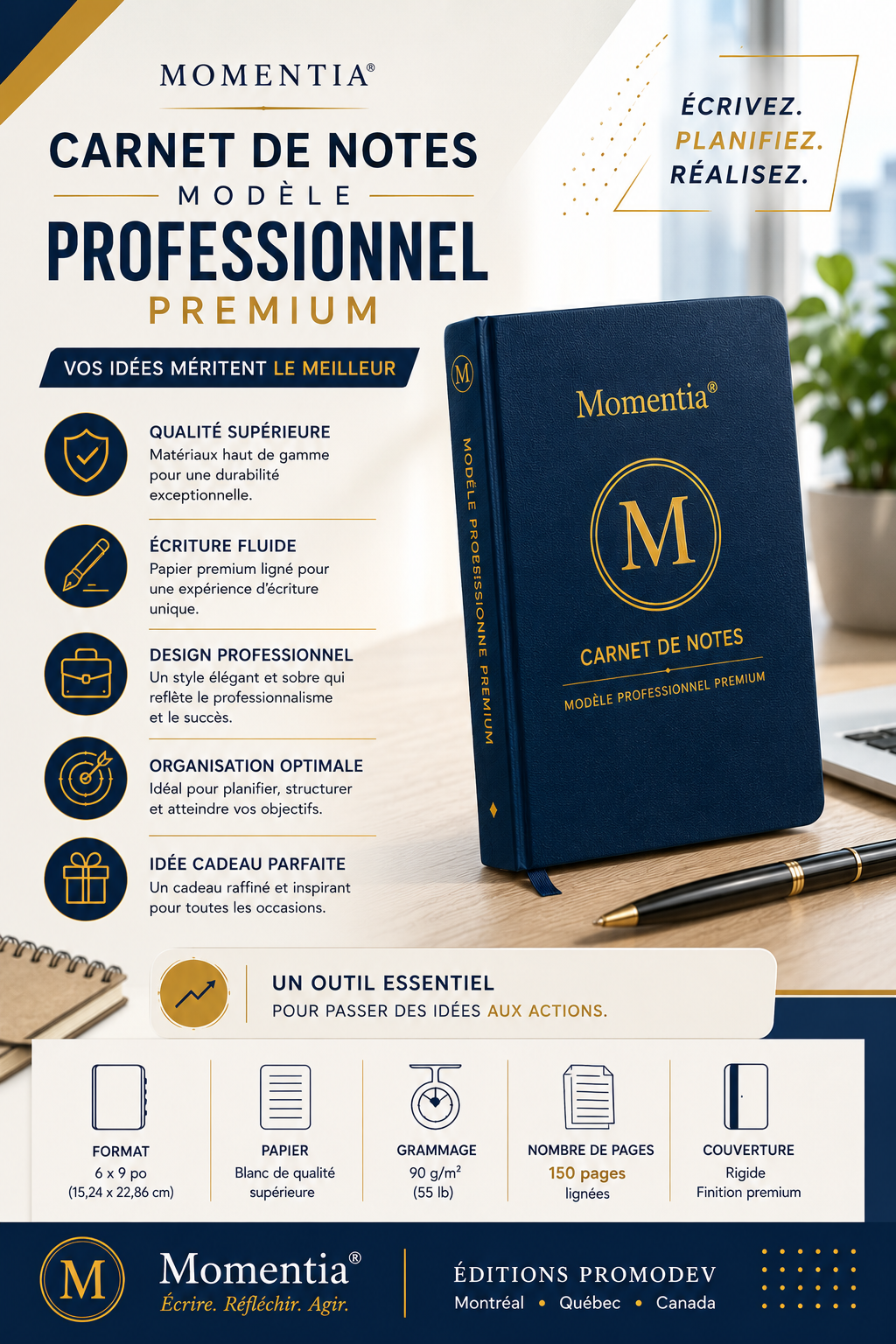 Carnet professionnel Momentia avec spécifications : 6 x 9 po, 150 pages lignées, papier premium
