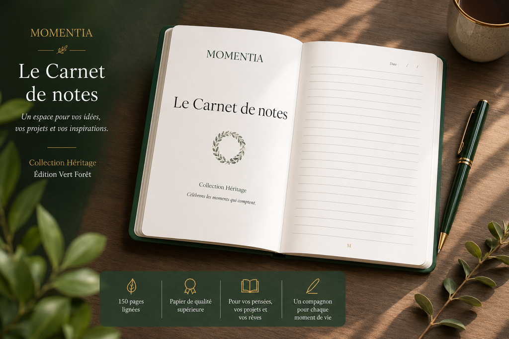 Carnet Momentia Édition Vert Forêt, aperçu des pages intérieures lignées et du papier premium