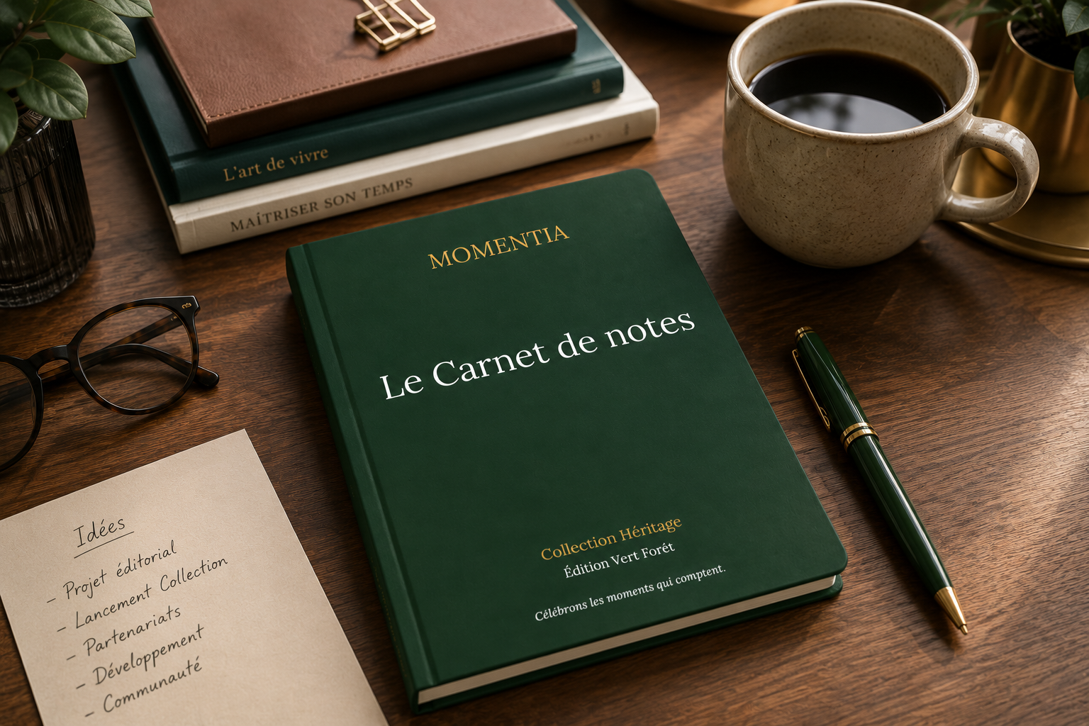 Carnet Momentia Édition Vert Forêt posé sur un bureau avec un stylo, mise en situation élégante