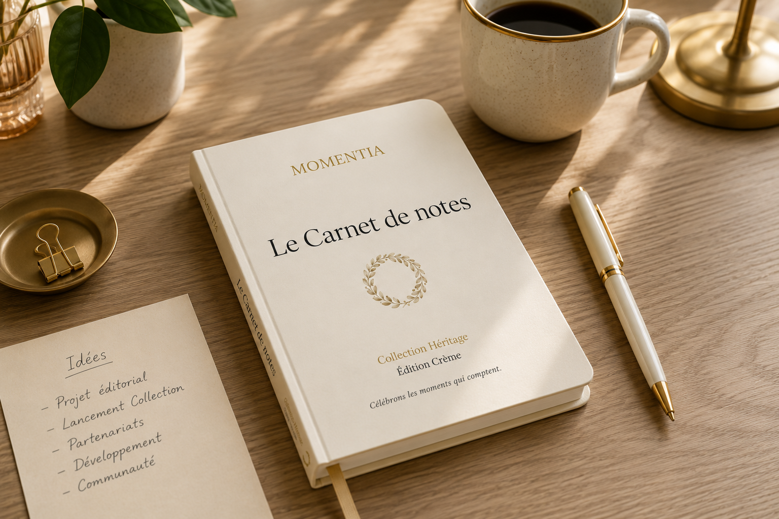Carnet Momentia Édition Crème posé sur un bureau avec un stylo, mise en situation élégante